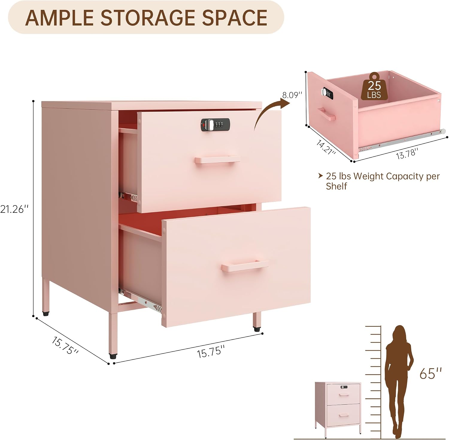 Steehoom 2 Drawer End Side Table with Lock Metal Nightstand, Lockable Storage Cabinet Kids Cabinet for Living Room, Bedroom, Dorm, 21.26”H X 15.75”W X 15.75”D (2 Drawer, Pink)