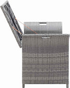 Poly Rattan Patio Storage Bench with Cushion Gray, 54.3 Inch Waterproof PE Storage Bench for Outdoor Use, Large Space with Removable Polyester Cover