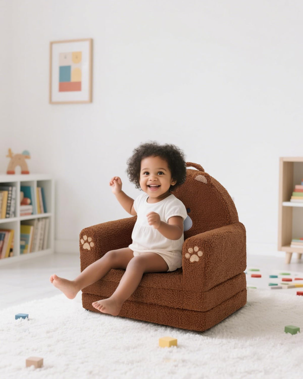 MOONBEEKI 2-in-1 Foldable Toddler Couch, Soft Sherpa Fabric with Washable Cover, Convertible Sofa to Lounger, Kids Sofa for Playroom, Bedroom, Living Room, Birthday Gift, Bear, Medium