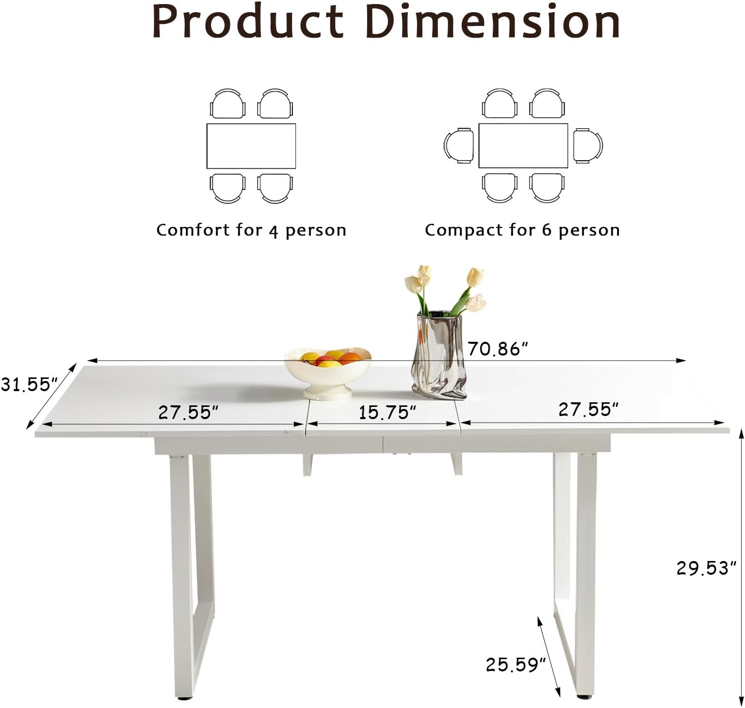 Extendable Dining Table for 4-6 People,70.86''Modern Space-Saving Kitchen Table with Metal Legs,Foldable Rectangular Conference Table for Living Room & Kitchen Meetings(White)