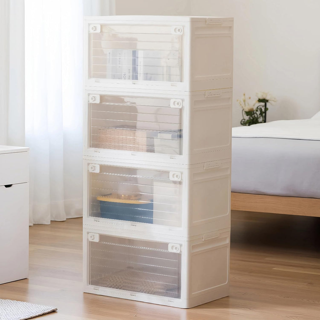 101QT Plastic Stackable Storage Bins, 4 Pack Collapsible Plastic Storage Bins with Lid, Doors & Wheels, for Closet Bedroom, White