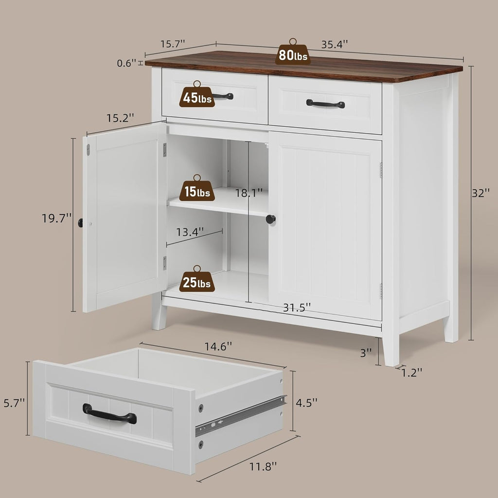 Bealife 32" Buffet Cabinet, Kitchen Island with Storage, Coffee Bar Cabinet with 2 Drawers and Adjustable Shelf, Kitchen Storage Cabinet for Dining Room, Living Room, Entryway (Retro)