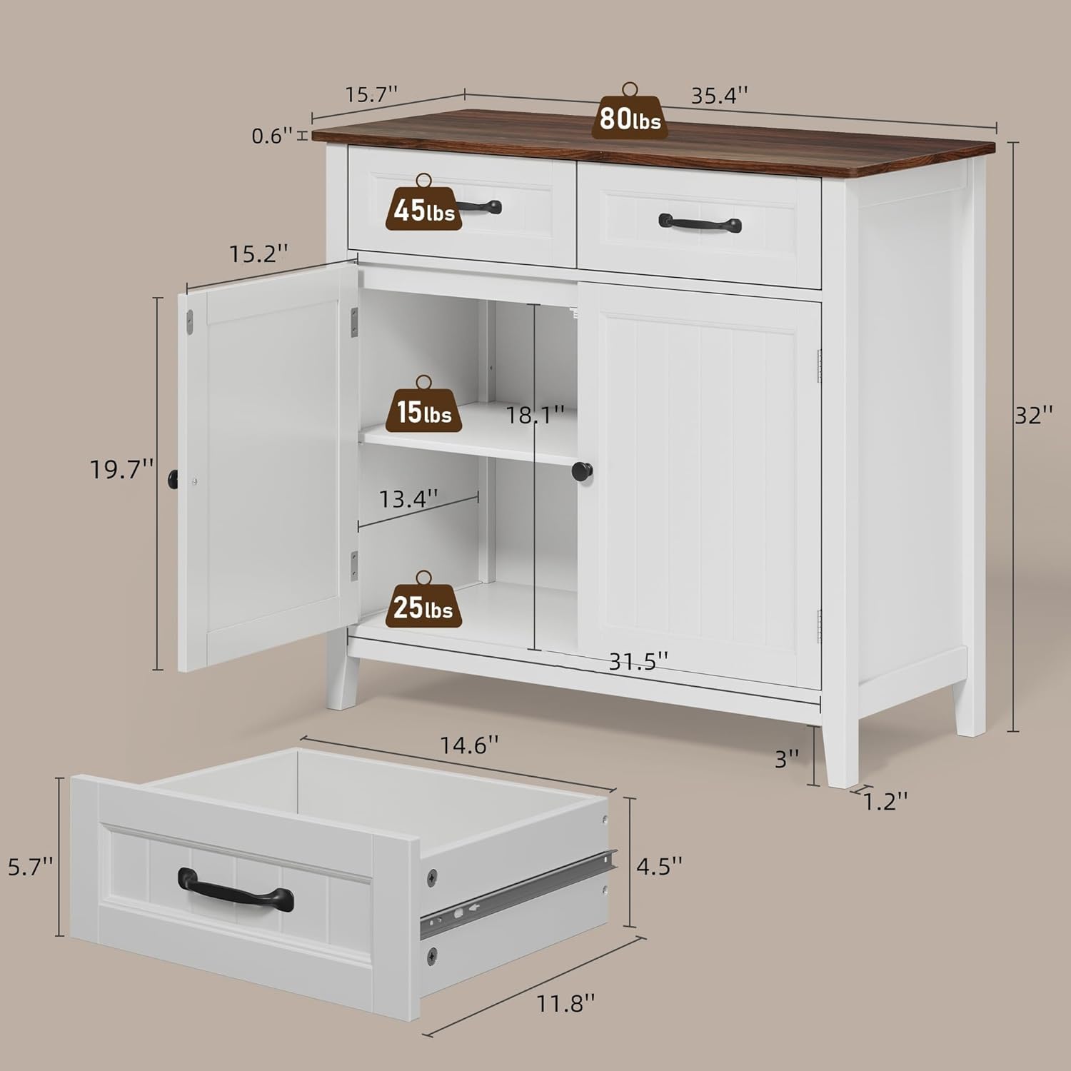 Bealife 32" Buffet Cabinet, Kitchen Island with Storage, Coffee Bar Cabinet with 2 Drawers and Adjustable Shelf, Kitchen Storage Cabinet for Dining Room, Living Room, Entryway (Retro)