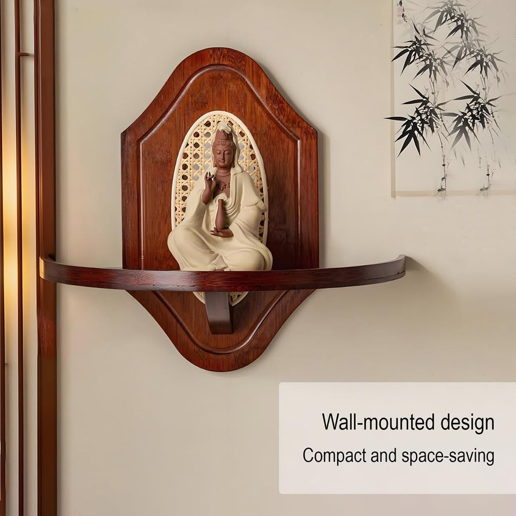 Wall Hanging God Shelf, Bamboo Prayer Offering Table, Chinese Personal Shrine Stand with Storage, for Living Room, Bedroom, Office(Rosewood Color,17.7 * 8.3 * 15.7in)