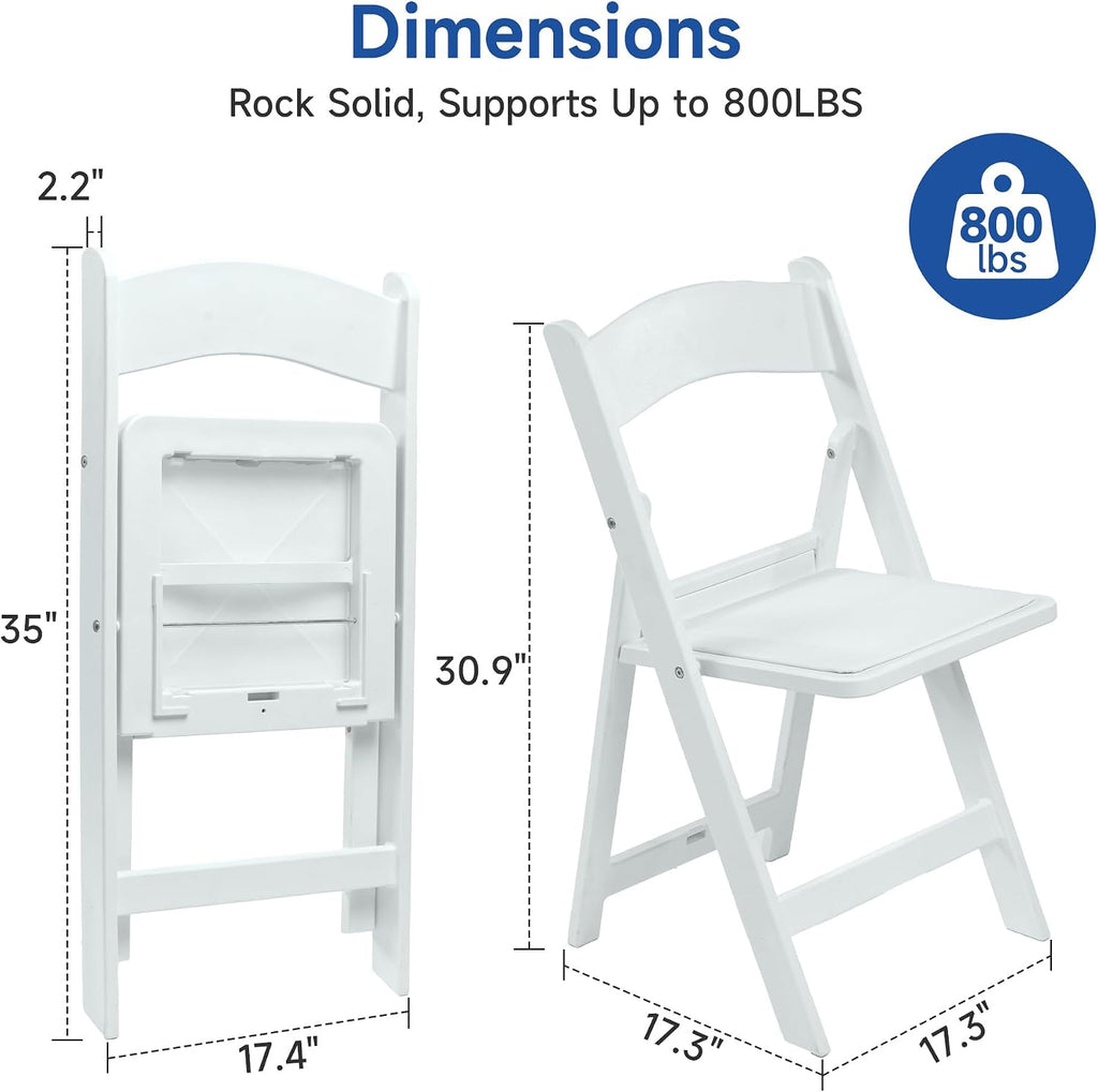 White Resin Folding Chairs - Stackable Chairs with Padded Seats, 800LB Weight Capacity Comfortable Chair - Indoor/Outdoor Folding Chairs for Events - Lightweight Foldable Chairs (10 Pack)