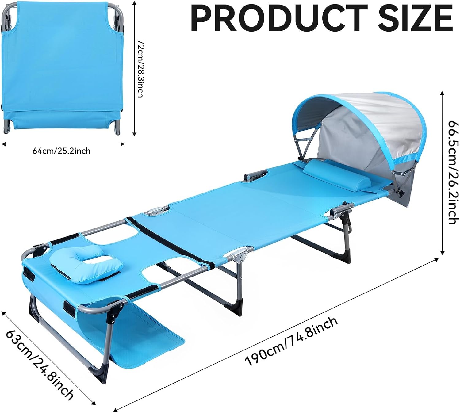 27 Inch Oversized Folding Tanning Chair with Canopy & Face Hole, Portable Face Down Lounge Chair with Pillow, 3-Position Adjustable Patio Chaise for Beach, Pool, Lawn Blue 1