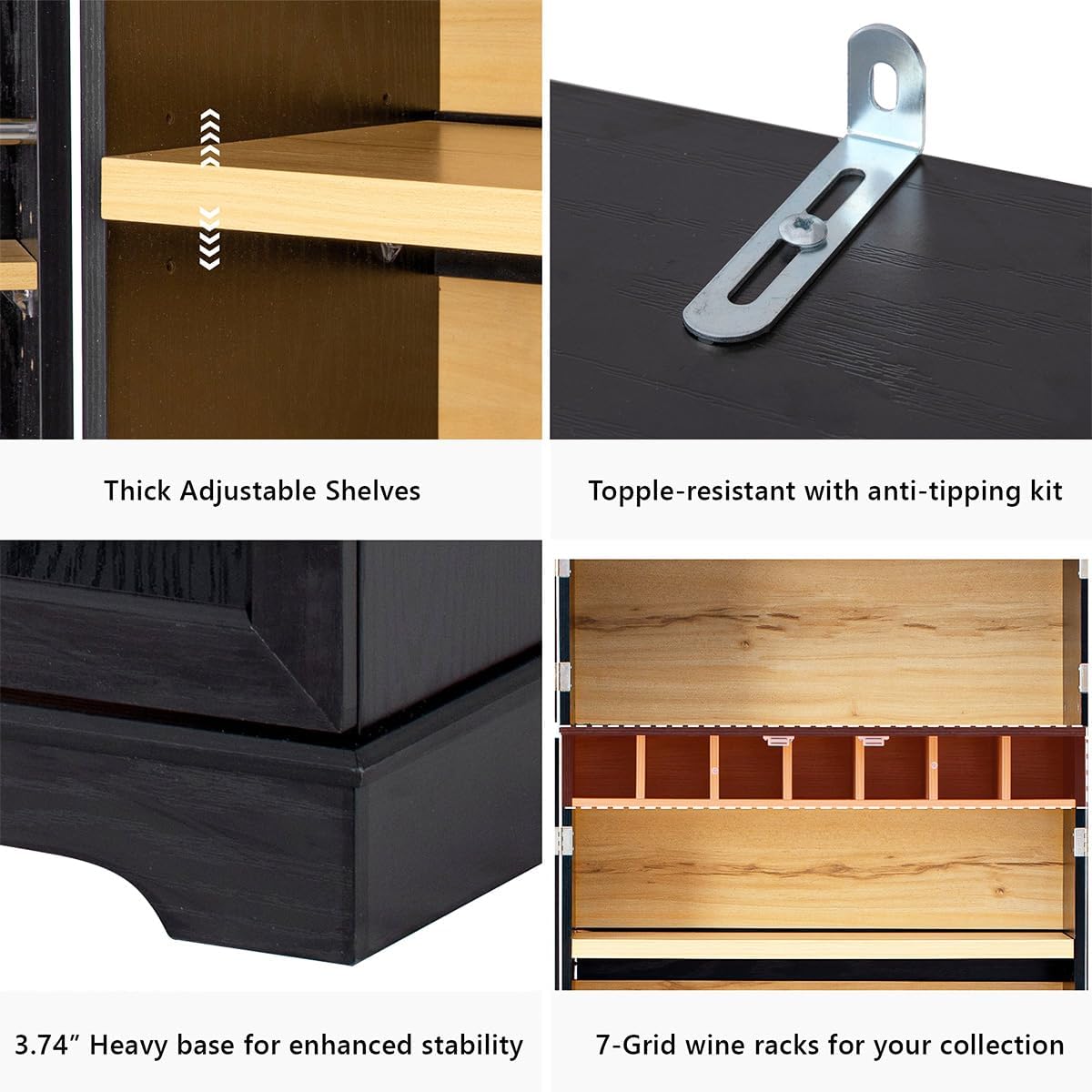 78.2" Tall Farmhouse Kitchen Pantry Cabinet with 8 Door Shelves and 4 Adjustable Shelves, Storage Cabinet with Hidden Drawer for Bathroom, Versatile Cupboard with Wine Rack for Kitchen (Black)