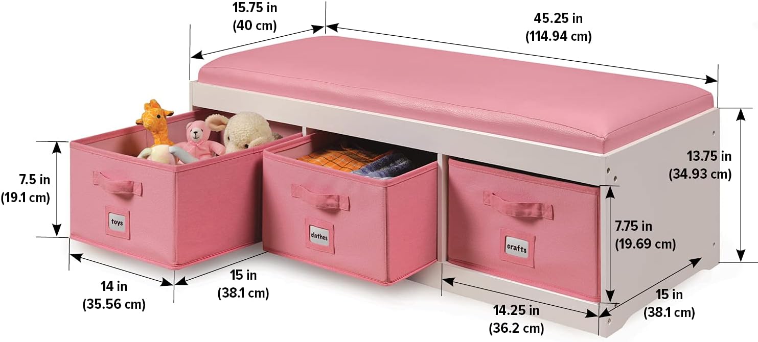 Badger Basket Kids’ Storage Bench with Cushion - Toy Organizer with 3 Removable Bins, Faux Leather Seat, Durable Wood Frame - Seating and Storage for Playroom or Bedroom - White/Rose