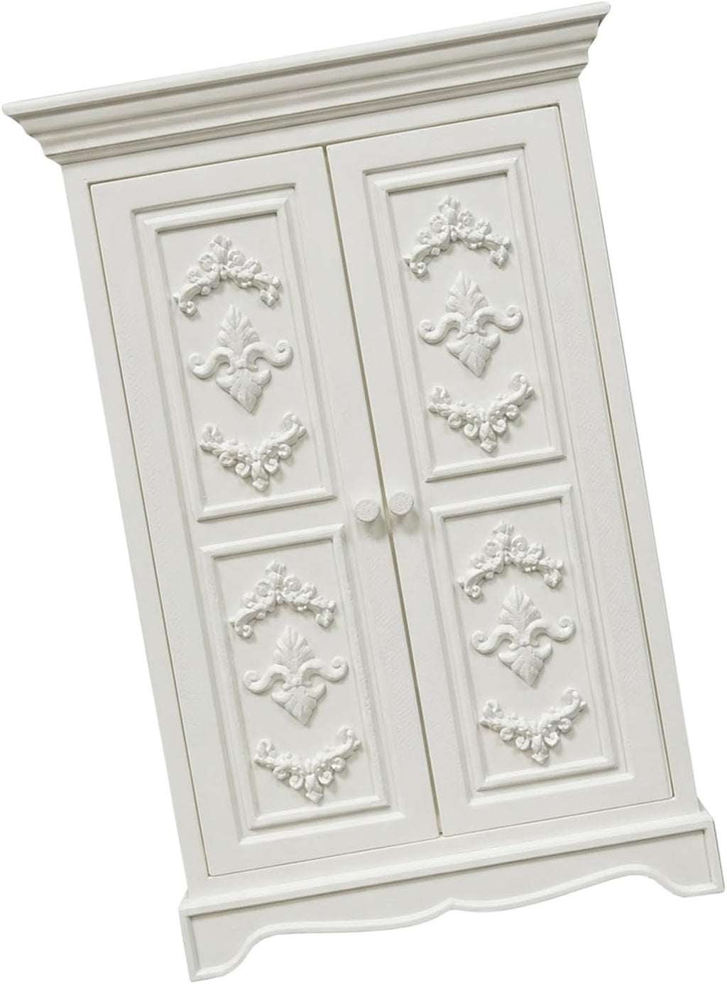 Small-Scale Wardrobe Furniture, French Inspired Double Door Armoire with White Relief Panels for Bedroom Display and Room Box Decor Small Scale Wardrobe French Armoire Double Door Cabinet White Relief