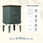 Wnutrees Farmhouse Nightstand with 3 Drawers，Modern Bedside Table with Round Curved Corner and Metal Handles, Wood End Side Table for Living Room, Hallway, Green