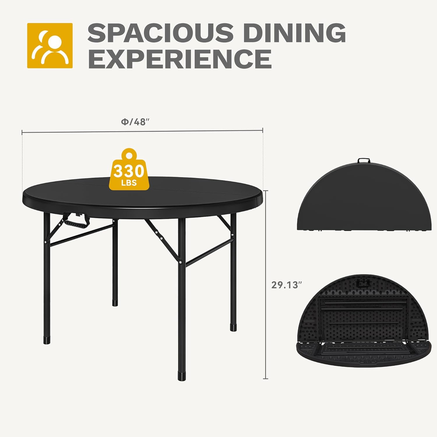 DWVO Heavy Duty 48 Inch Round Folding Table Black Plastic Outdoor Indoor Portable Banquet Setup Ideal for Parties Camping BBQ Events Garden Gatherings with Sturdy Metal Frame and Easy Storage Design