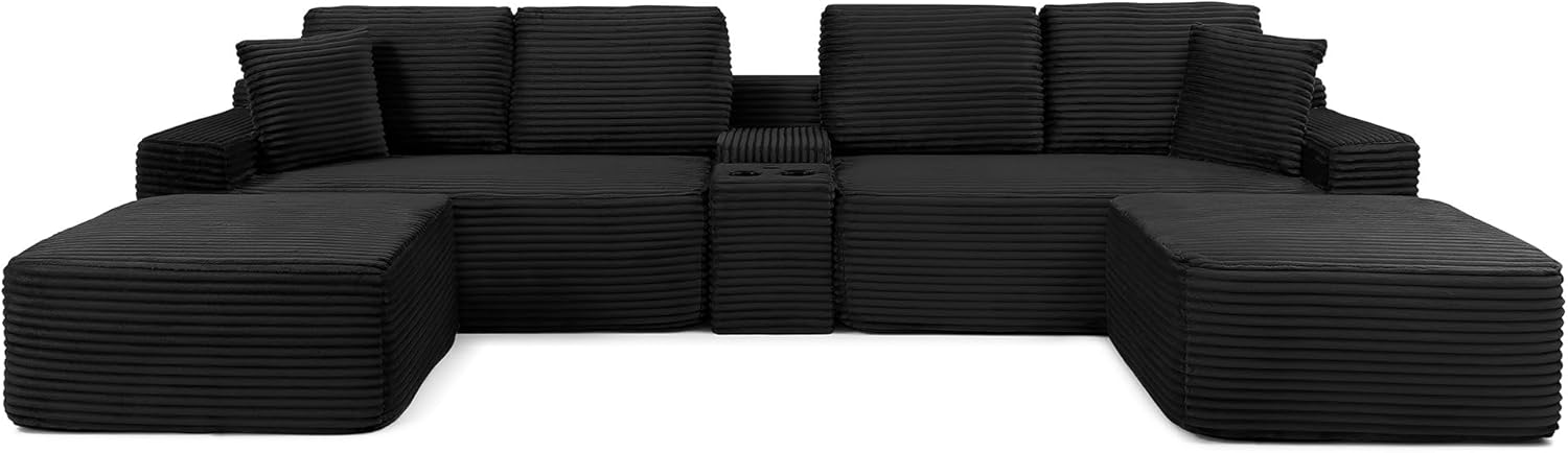 125" Oversized Sectional Couches for Living Room, Modern Boneless Cloud Couch with Ottoman,USB Port&Cup Holders, Comfy Corduroy Modular Sectional U Shape Sofa Couch for Apartment,Black Couch in a Box