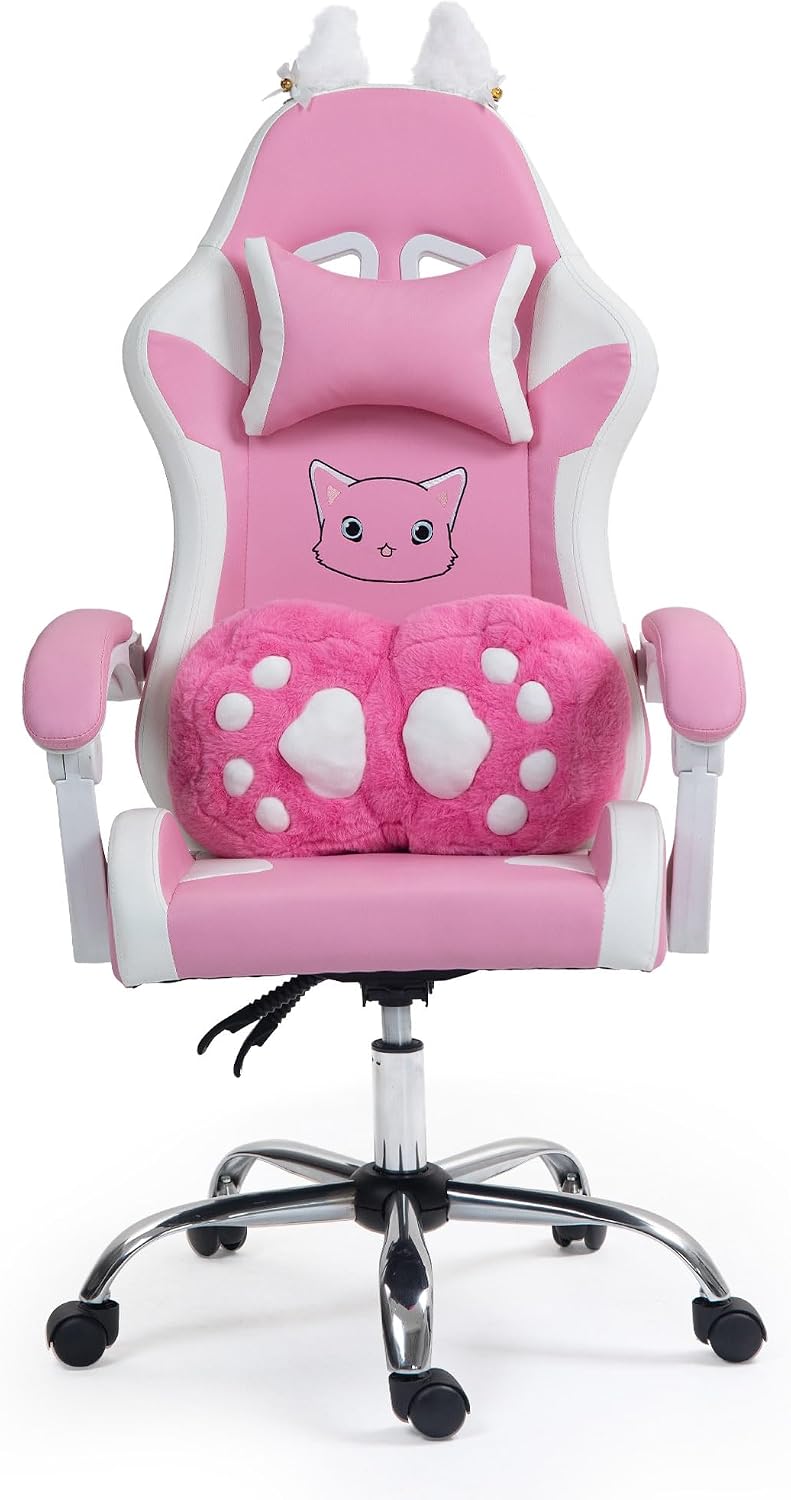 Pink Gaming Chair with Cat Paw Lumbar Cushion and Cat Ears, Reclining PC Game Computer Chairs, Ergonomic Gamer Chair for Kids, Girls, Teens