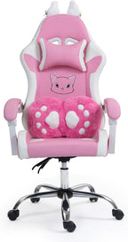 Pink Gaming Chair with Cat Paw Lumbar Cushion and Cat Ears, Reclining PC Game Computer Chairs, Ergonomic Gamer Chair for Kids, Girls, Teens