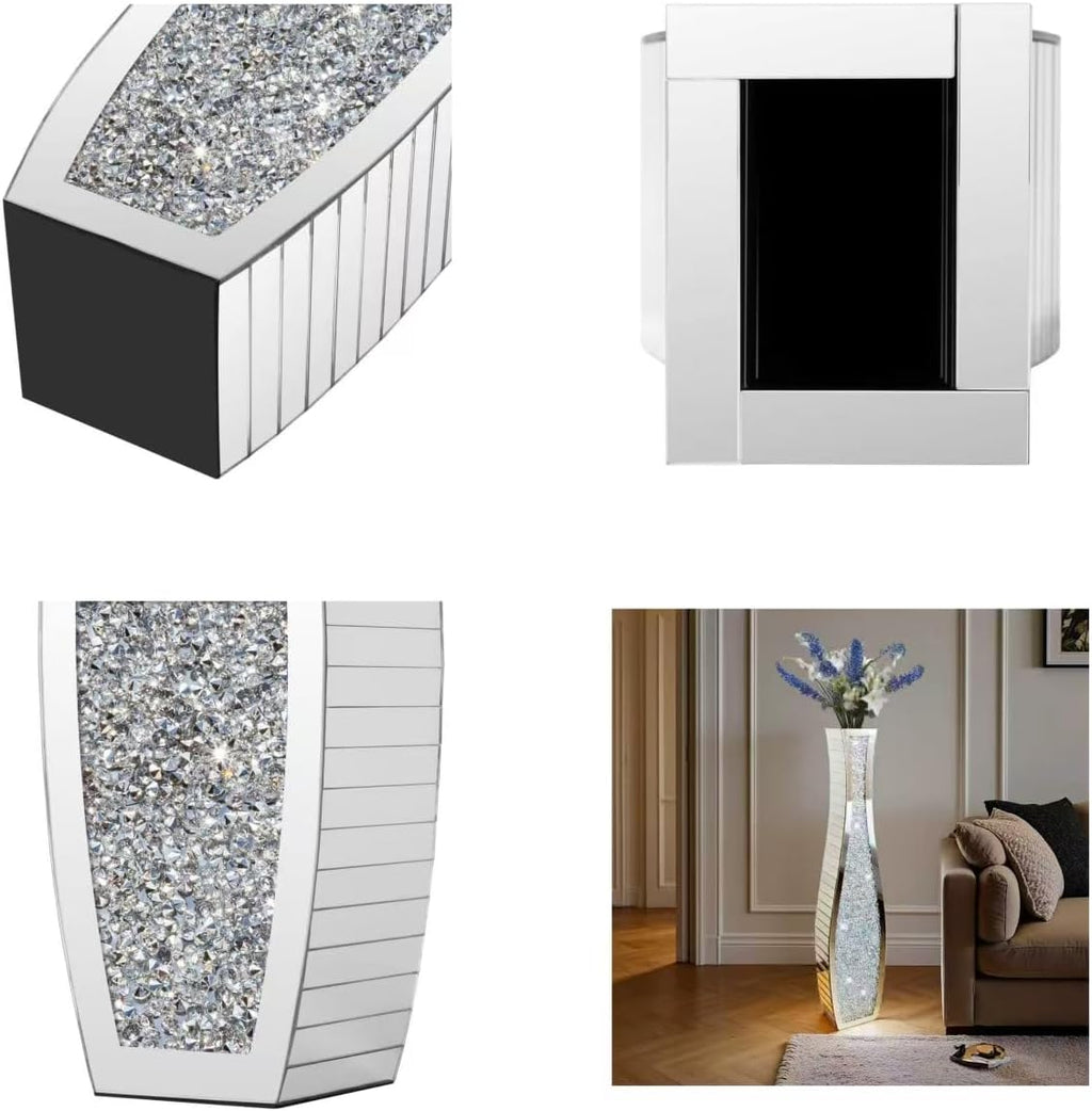 36" Extra Tall Double Sided Crushed Diamond Vases, Mirrored Silver Vase,Floor Vases Decorative Tall, Large Decorative Vase for Home,Office,Hotel Decor(7.72" L x4.33 W x 36" H)