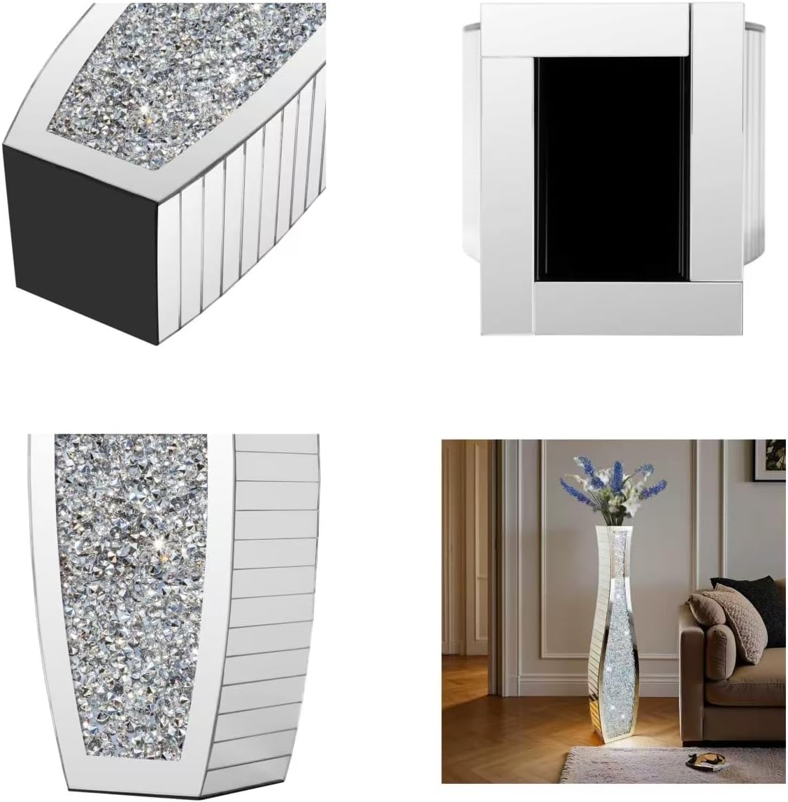 36" Extra Tall Double Sided Crushed Diamond Vases, Mirrored Silver Vase,Floor Vases Decorative Tall, Large Decorative Vase for Home,Office,Hotel Decor(7.72" L x4.33 W x 36" H)