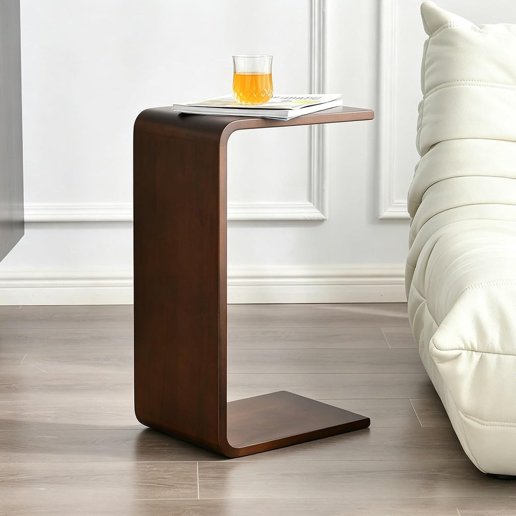 C-Shaped Side Table, 27" H Solid Wood Sofa Side Table Compact Snack Tray Table for Bedroom, Office, Or Balcony, Wooden Nightstand for Laptop and Narrow Spaces, Walnut(Walnut,A)