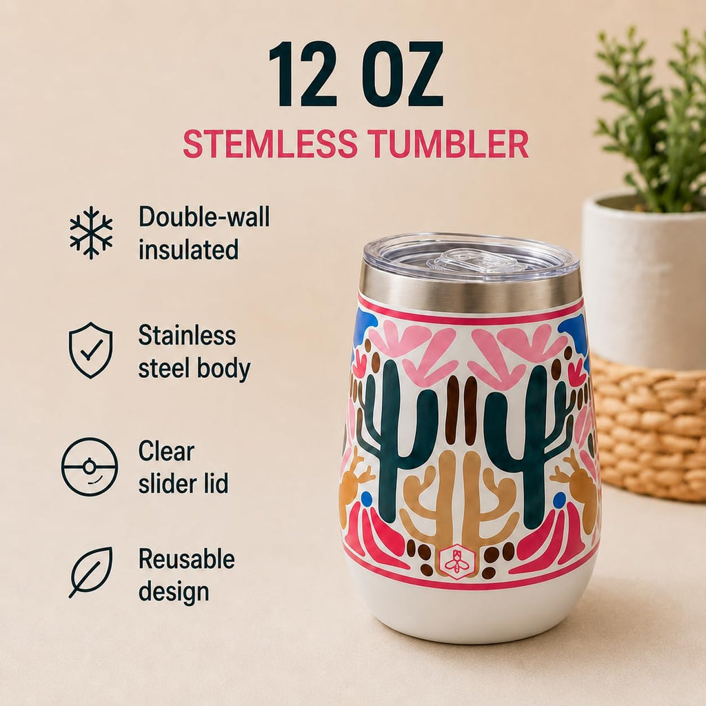 Biddlebee 12 Oz Stemless Wine Tumblers with Lids, 2-Pack – Insulated Stainless Steel Wine Tumbler Gift Set for Women – Double Wall Cups Keep Drinks Hot or Cold for Hours