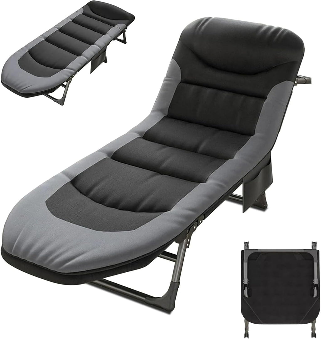 Folding Lounge Chairs for Outside, Portable Camping Cot, 6-Position Chaise Lounge Chairs with Side Pocket and Mattress, Heavy Duty Chaise Lounges for Outdoor Patio Balcony Beach (Black)