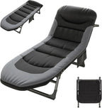 Folding Lounge Chairs for Outside, Portable Camping Cot, 6-Position Chaise Lounge Chairs with Side Pocket and Mattress, Heavy Duty Chaise Lounges for Outdoor Patio Balcony Beach (Black)