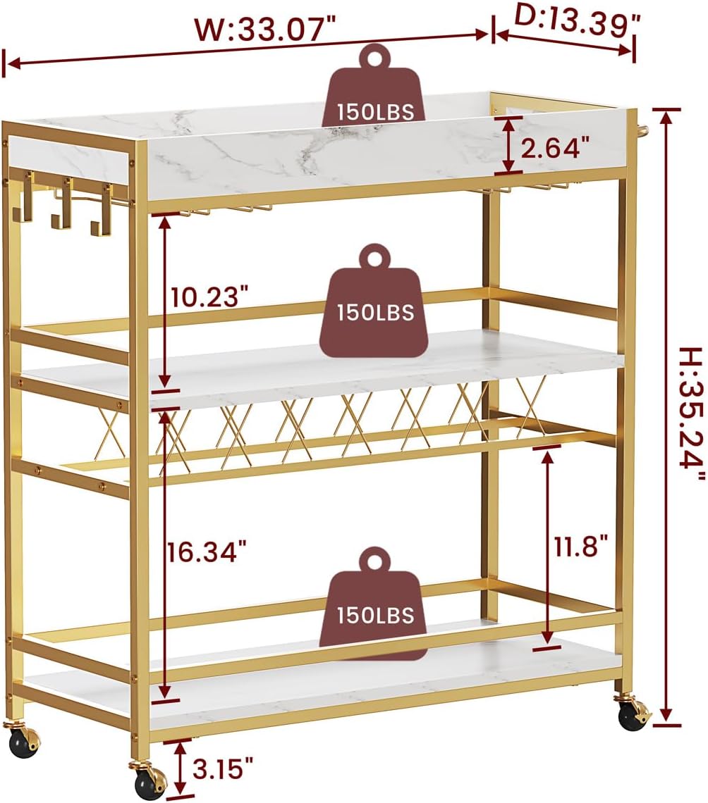 BON AUGURE Bar Cart for The Home, Rolling Home Bar Serving Cart on Wheels, 3 Tier Mobile Liquor Beverage Carts with Wine Rack and Glass Holder (Gold & Marbleized White)