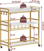 BON AUGURE Bar Cart for The Home, Rolling Home Bar Serving Cart on Wheels, 3 Tier Mobile Liquor Beverage Carts with Wine Rack and Glass Holder (Gold & Marbleized White)