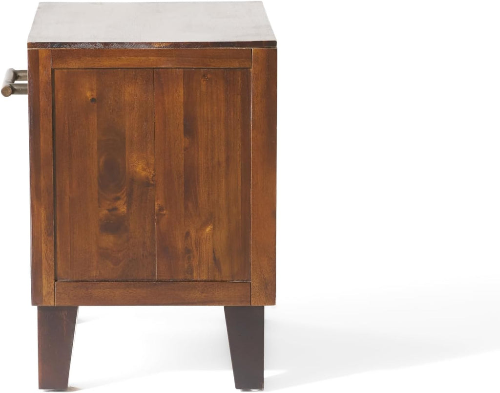 roomfitters Industrial Brown Acacia Wood End Table, Luxury 1-Drawer Storage Nightstand with Metal Frame, Contemporary Bedroom Bedside Unit
