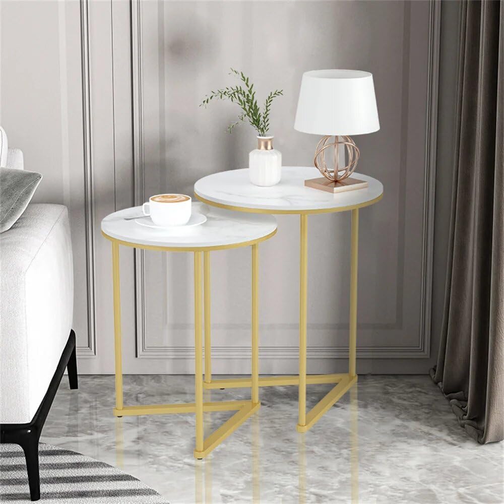 Set of 2 Modern Round Marble Metal Base Nesting Set Side Accent Table Living Room Storage Small End Table, Coffee Table, Marble and Gold