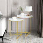 Set of 2 Modern Round Marble Metal Base Nesting Set Side Accent Table Living Room Storage Small End Table, Coffee Table, Marble and Gold