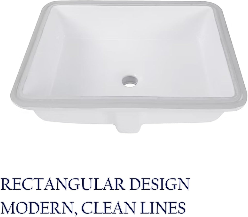 Nantucket Sinks GB-17x13-W Undermount Bathroom Sink – 17"x13" Rectangular White Bowl Bath Vanity Sink, Glazed Bottom for Open Console, w Overflow – Ceramic, High Gloss, Stain & Scratch Resistant