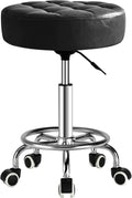 500lb Rolling Stool with Thickened Ultra Soft Padded Seat, 5-mins Easy Assembly Drafting Stool with Round Footrest, PU Leather Adjustable Swivel Stool with Wheels for Home, Office, Spa (Black)