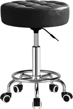 500lb Rolling Stool with Thickened Ultra Soft Padded Seat, 5-mins Easy Assembly Drafting Stool with Round Footrest, PU Leather Adjustable Swivel Stool with Wheels for Home, Office, Spa (Black)