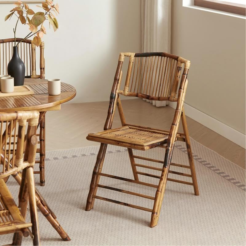 Vintage Bamboo Rattan Folding Dinging Chair - Portable Lightweight Retro Seat for Indoor, Outdoor, Patio, Wedding, Office, and Events (1, Brown, Oversized)