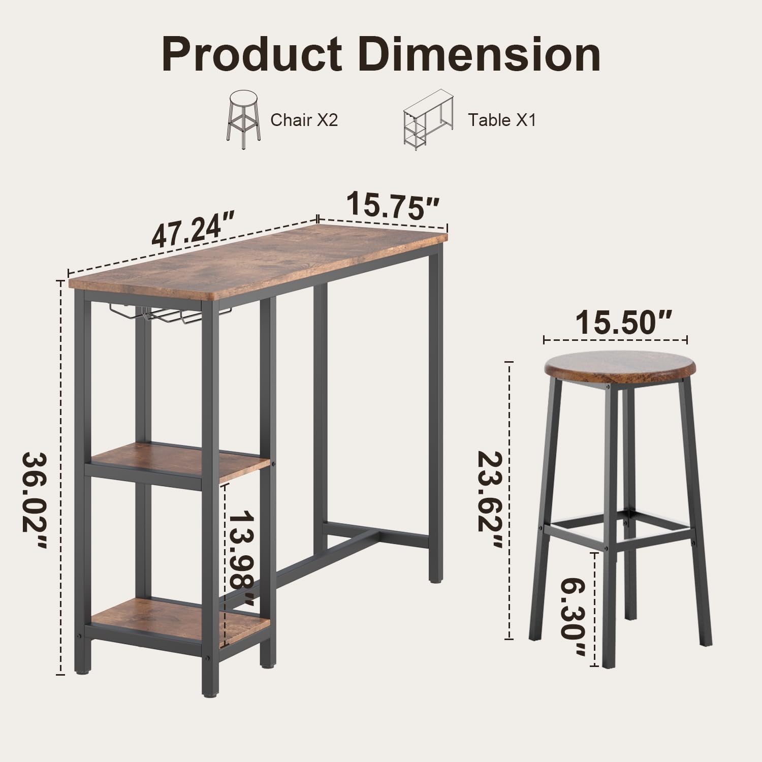Qsun 3-Piece Bar Table Set for 2, Bar Height Table with Stools & 2 Storage Shelves, Small Bar Table Set with Glass Rack, Small Kitchen Table for Dining Room, Living Room, Rustic Brown
