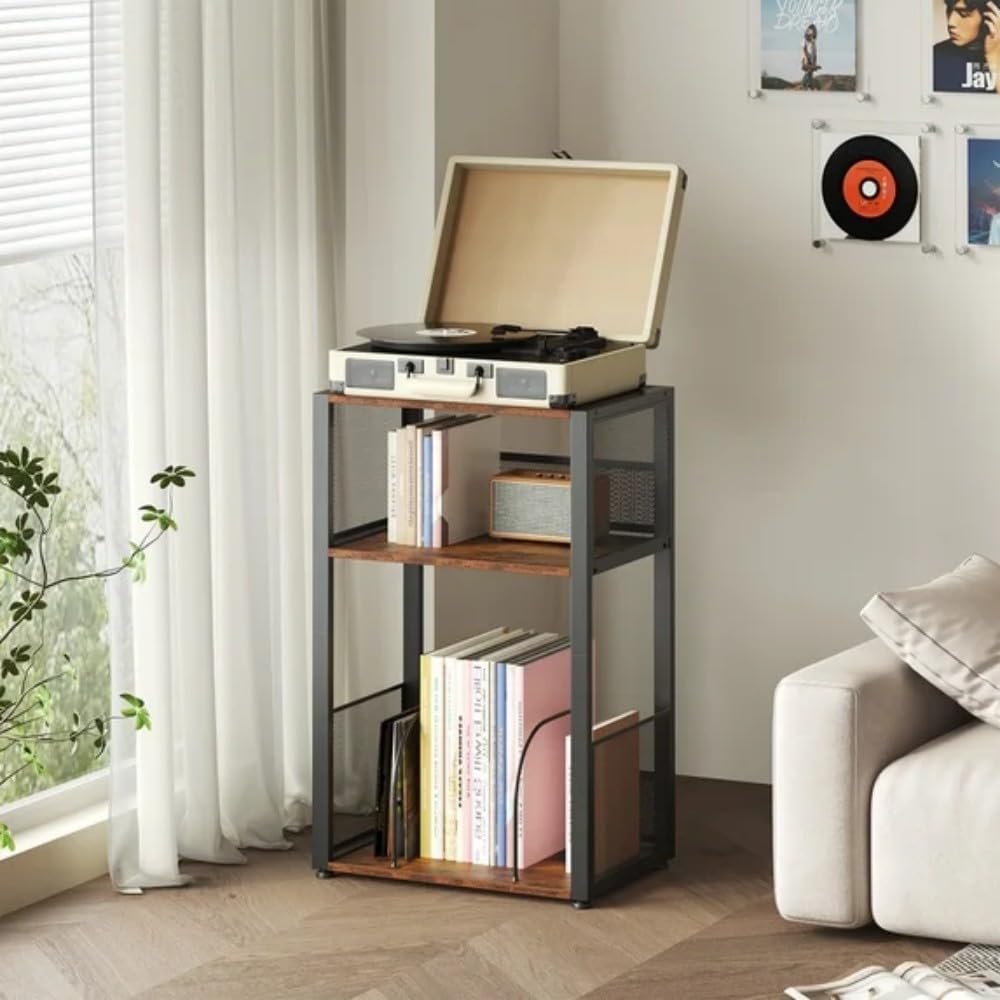 3 Tier Wooden End Table with Vinyl Storage Up to 100 Albums, Record Player Stand, Mid-Century Turntable Stand Side Table with Records Shelf for Living Room, Bedroom, Office