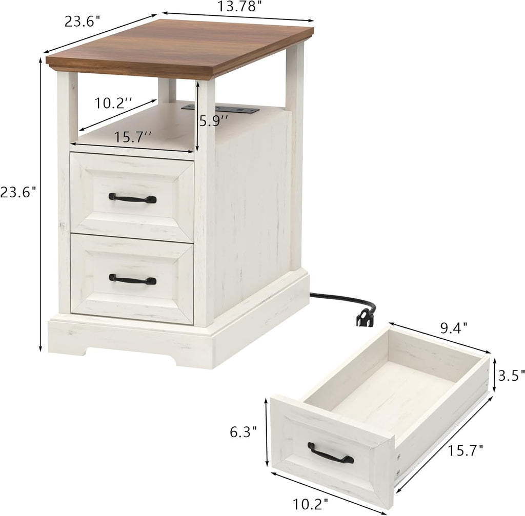 HOMMPA Narrow Side Table with Charging Station, 23.6'' W Farmhouse End Table with Open Shelf & Storage Drawers for Sofa Couch, Slim Rustic Sofa Side Table for Small Space, Living Room, Rustic White