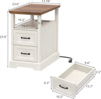 HOMMPA Narrow Side Table with Charging Station, 23.6'' W Farmhouse End Table with Open Shelf & Storage Drawers for Sofa Couch, Slim Rustic Sofa Side Table for Small Space, Living Room, Rustic White