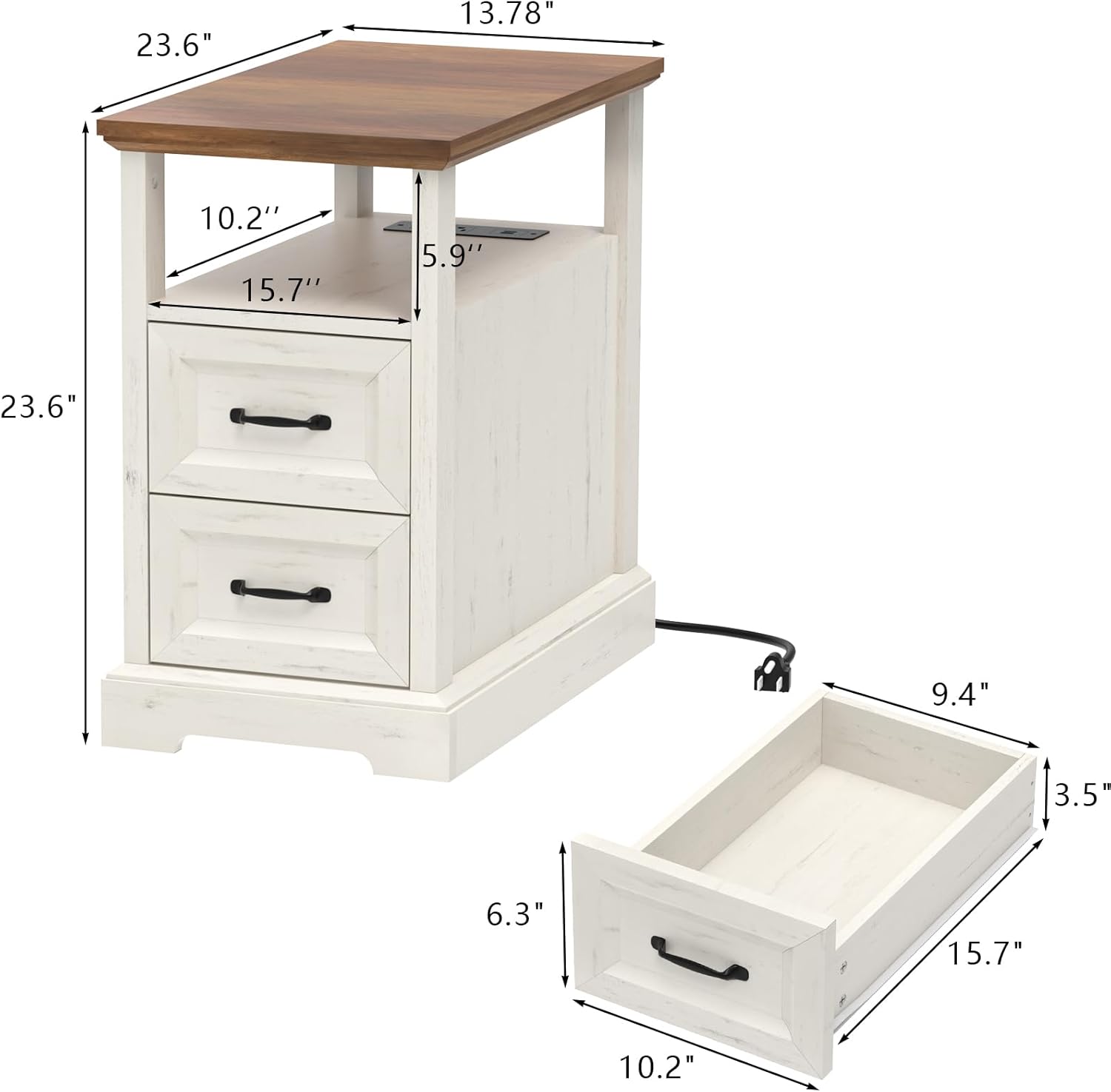 HOMMPA Narrow Side Table with Charging Station, 23.6'' W Farmhouse End Table with Open Shelf & Storage Drawers for Sofa Couch, Slim Rustic Sofa Side Table for Small Space, Living Room, Rustic White