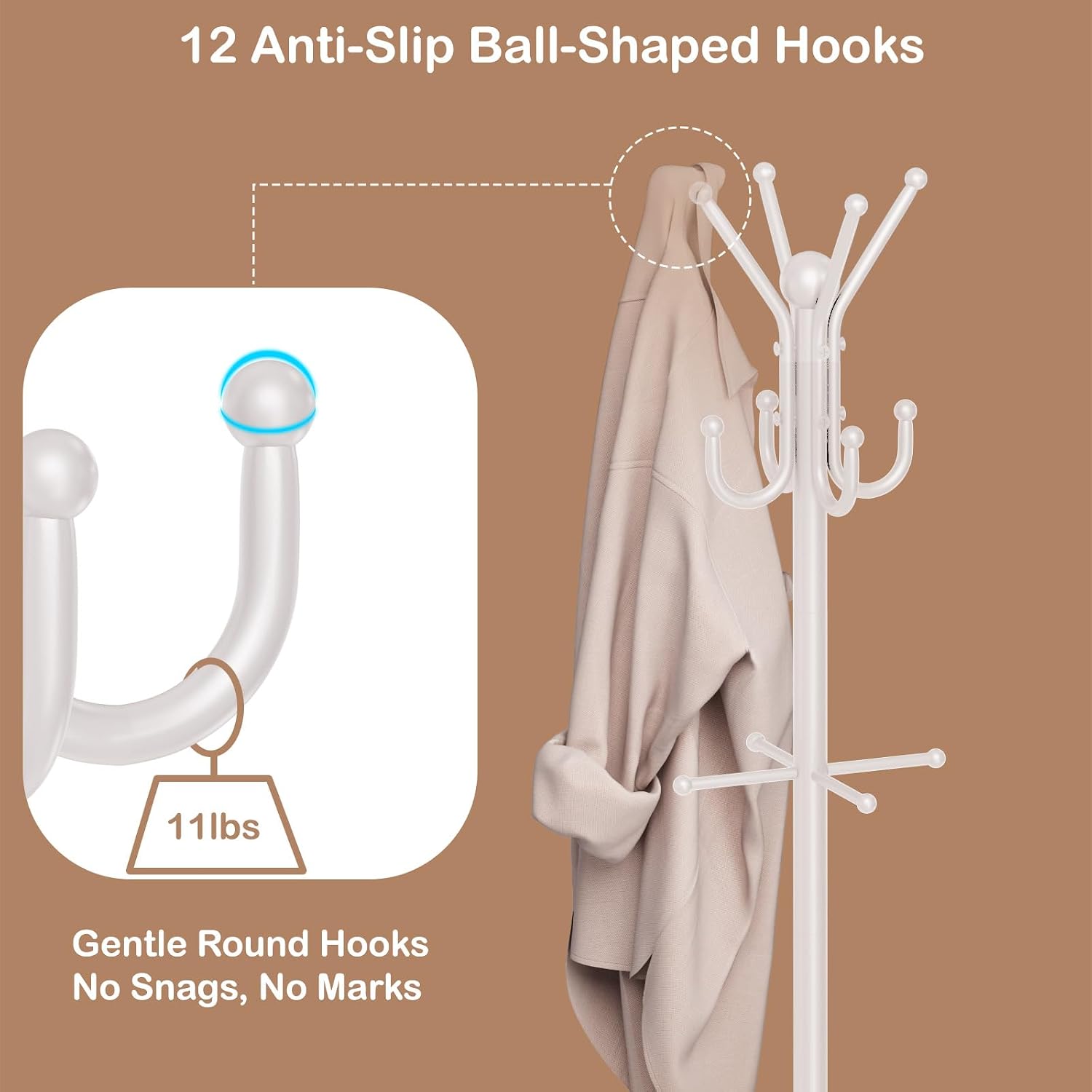 Heavy Duty Freestanding Coat Rack with 12 Hooks & Umbrella Holder - White Metal Clothes Hat Sturdy Standing Hall Tree for Entryway, Living Room, Bedroom, Office Organization (White)