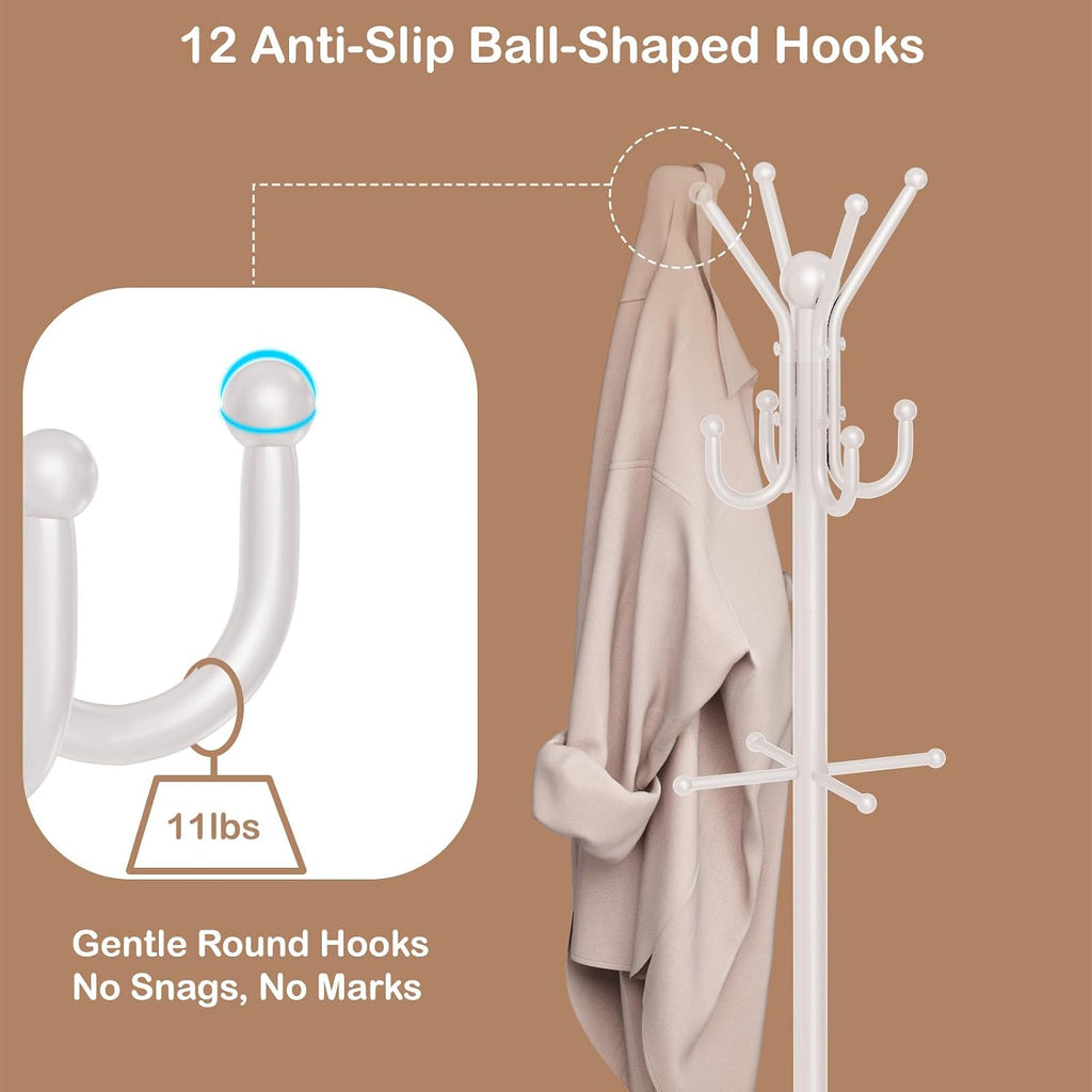 Heavy Duty Freestanding Coat Rack with 12 Hooks & Umbrella Holder - White Metal Clothes Hat Sturdy Standing Hall Tree for Entryway, Living Room, Bedroom, Office Organization (White)