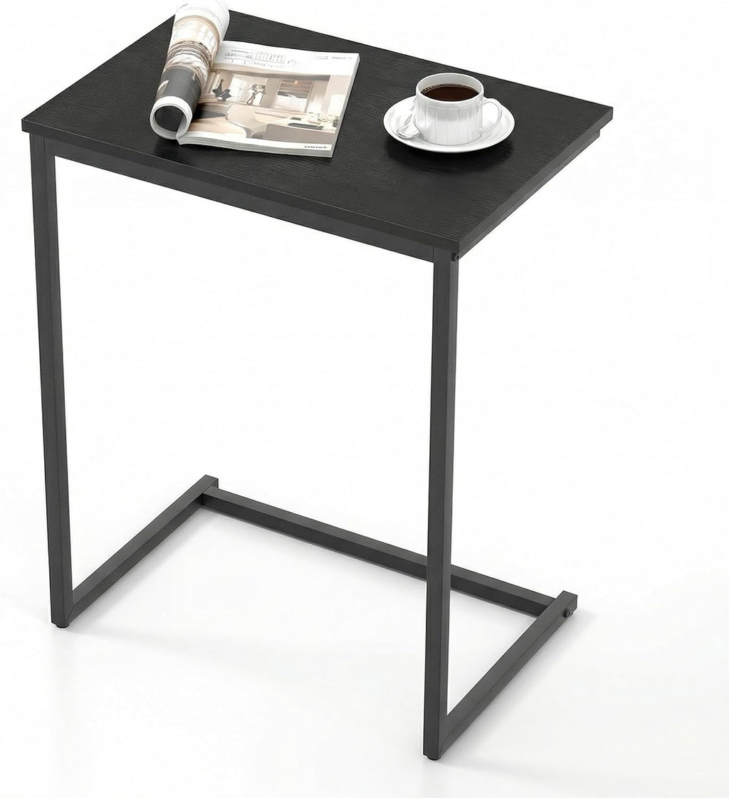 Giantex C Shaped End Table, 26.5" Slide-Under Couch Table for Laptop Coffee Snack, Industrial Side Table with Metal Frame & Wood Top, Versatile Sofa Table for Living Room, Bedroom, Black
