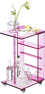 Dethan Clear Acrylic C Shaped Side Table with Wheels – Small Modern End Table, Rolling Coffee Snack Table for Living Room, Bedroom, Sofa, Bedside, Pink