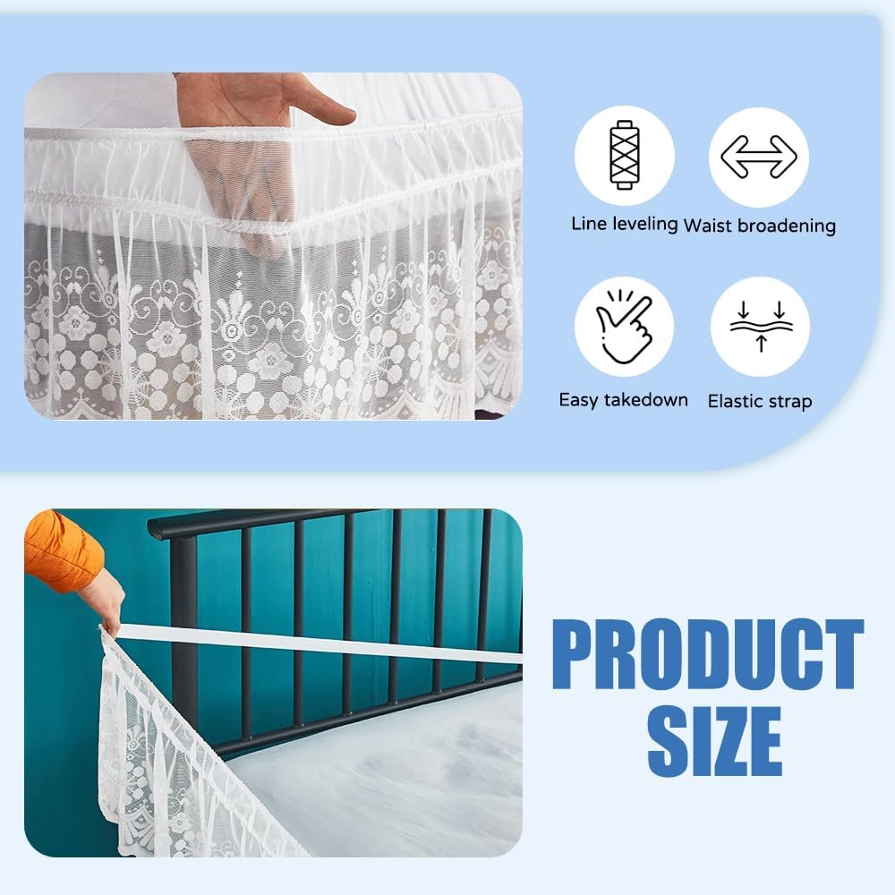 White Lace Bed Skirt for Full Bed - 15in. Drop, Easy Fit Ruffle Bedskirt Wrap Around Bed Skirt, Anti Wrinkle & Fade Resistant