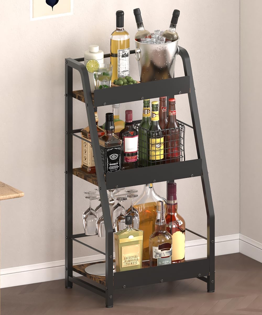 3-Tier Liquor Stand for Home Bar, Trapezoid Freestanding Whisky Bottle Holder with Fences, Stepped Versatile Liquor Bottle Display Shelf, Corner Floor Bar Stand for Liquor Storage, Black