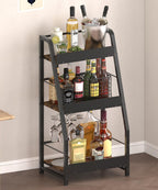 3-Tier Liquor Stand for Home Bar, Trapezoid Freestanding Whisky Bottle Holder with Fences, Stepped Versatile Liquor Bottle Display Shelf, Corner Floor Bar Stand for Liquor Storage, Black