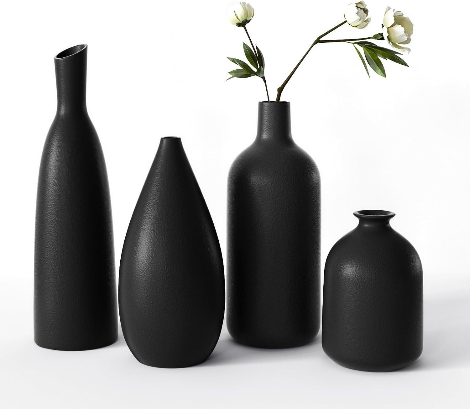 Black Ceramic Vase Set of 4,Modern Minimalist Vase Decor for Bookshelf,Dining Room Coffee Console Table Centerpieces