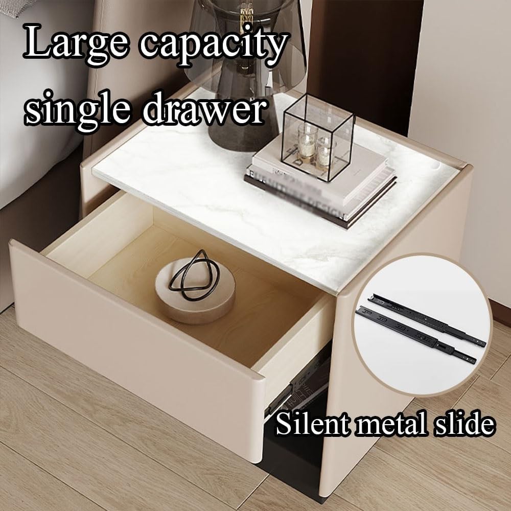 Wood Night Stand with Stone Slab Desktop Modern Bedside Table Side Table Decor Table with Storage for Boudoir All Occasion(White,40 cm)