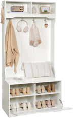 HOOBRO Hall Tree with Bench and Shoe Storage, Entryway Bench with Coat Rack and Shoe Cabinet, Flip-Down Cabinet Door, Coat Rack with Shoe Rack, for Mud Room, White WT84MT01
