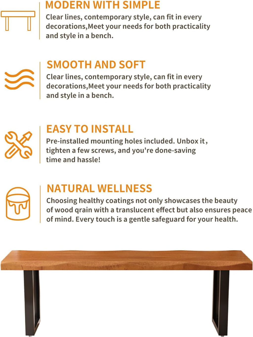 Modern Rustic Solid Wood Bench with Black Metal Legs, Industrial Farmhouse Style, Natural Wood Finish