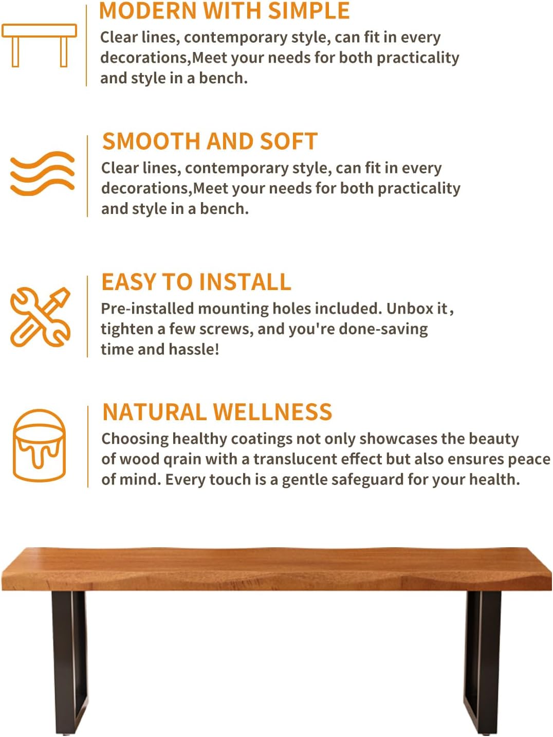 Modern Rustic Solid Wood Bench with Black Metal Legs, Industrial Farmhouse Style, Natural Wood Finish
